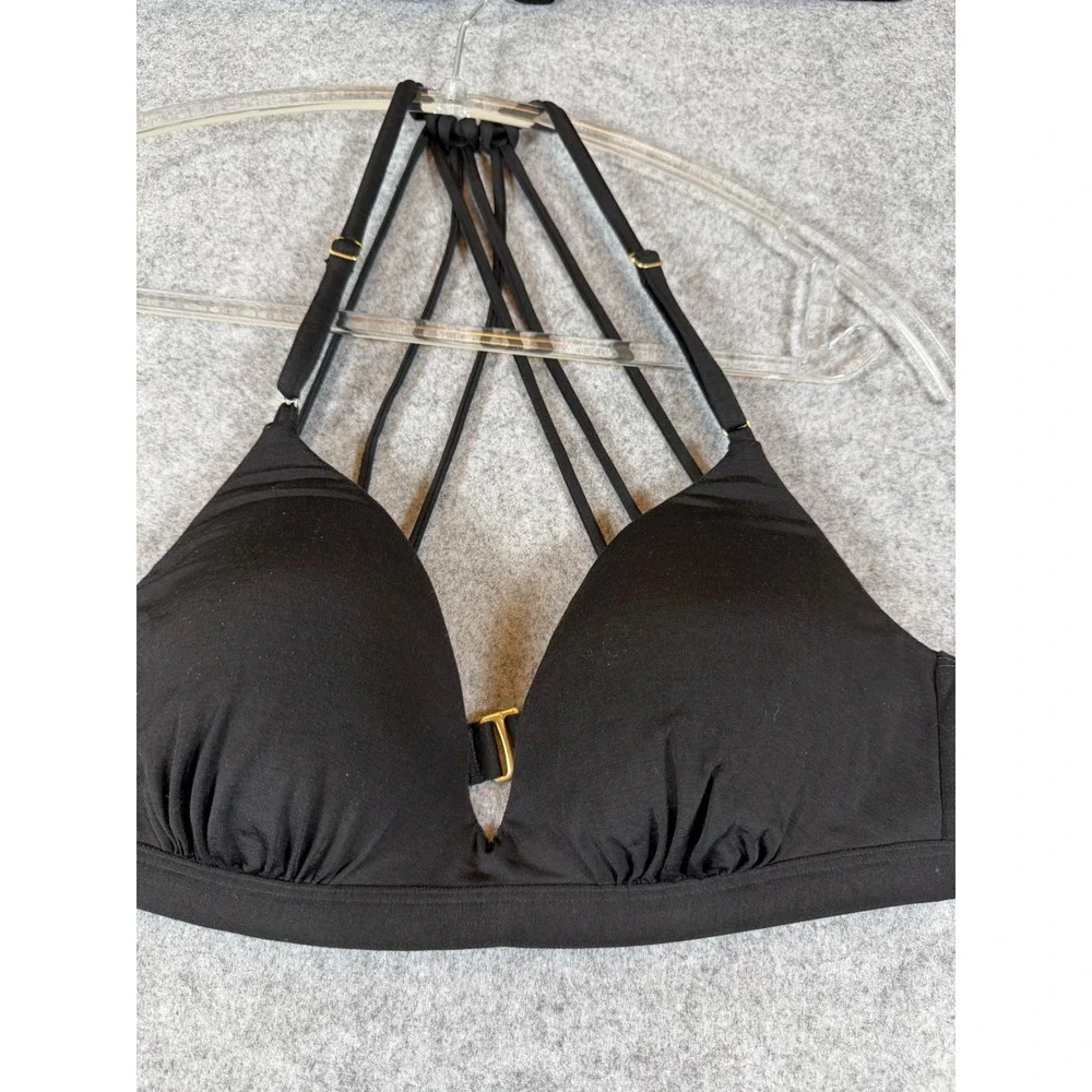 Athleta Bikini Top Womens Small Black Excellent Multi-Strap Cage Gold Hardware